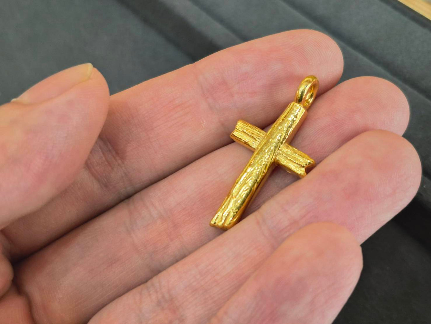 Bark Cross Pendant, 24K Gold