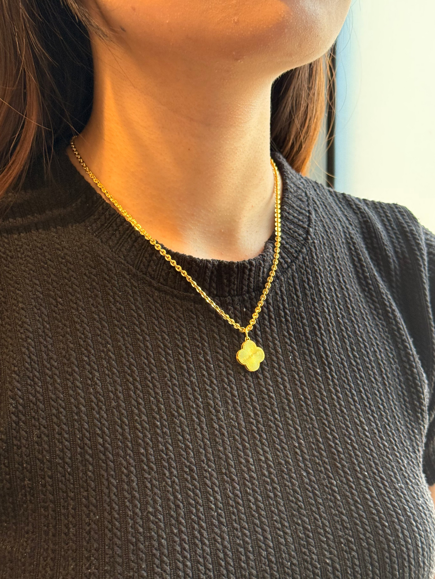 Designer Clover Necklace, Cable Link, 23K Gold