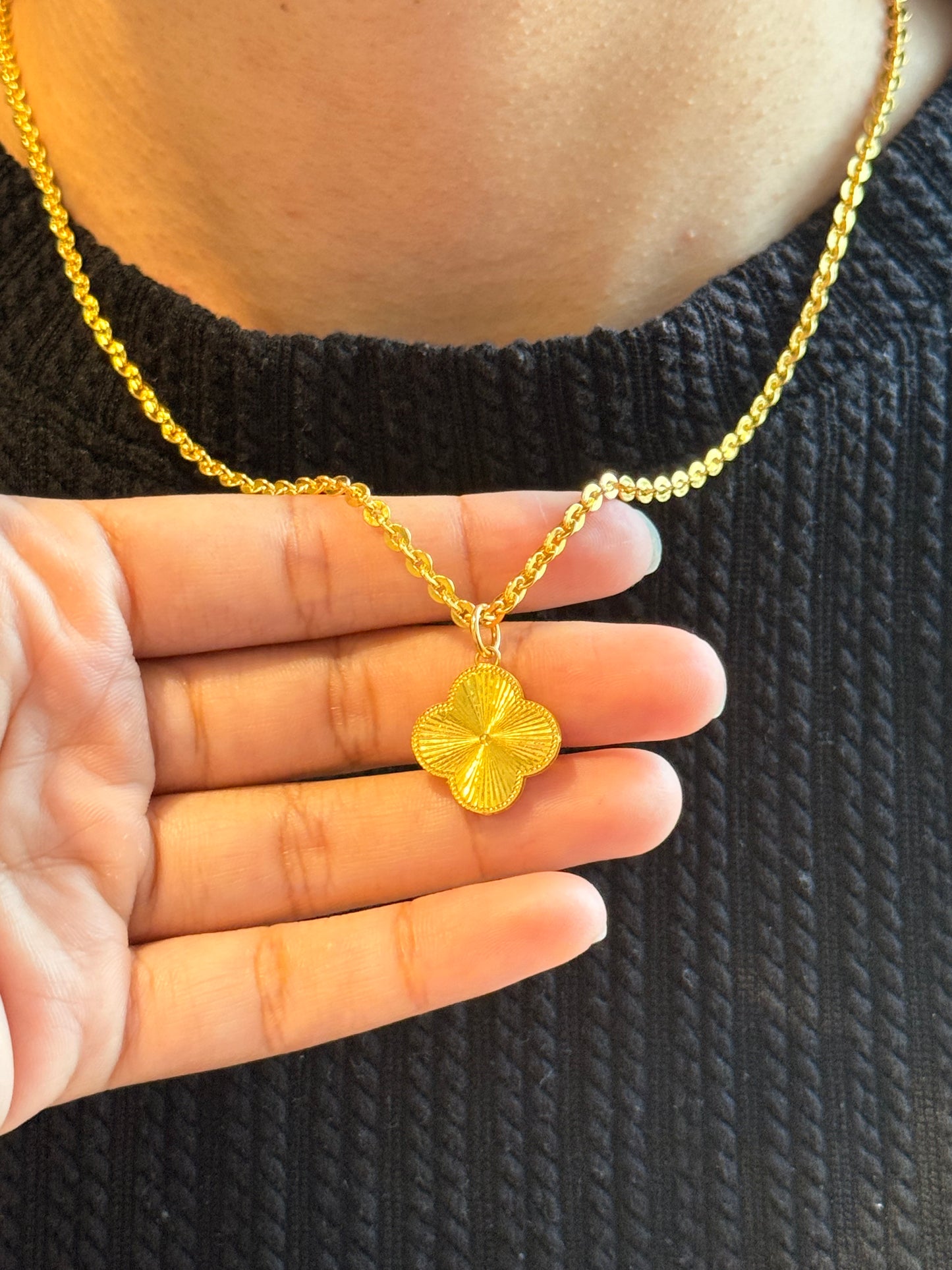 Designer Clover Necklace, Cable Link, 23K Gold