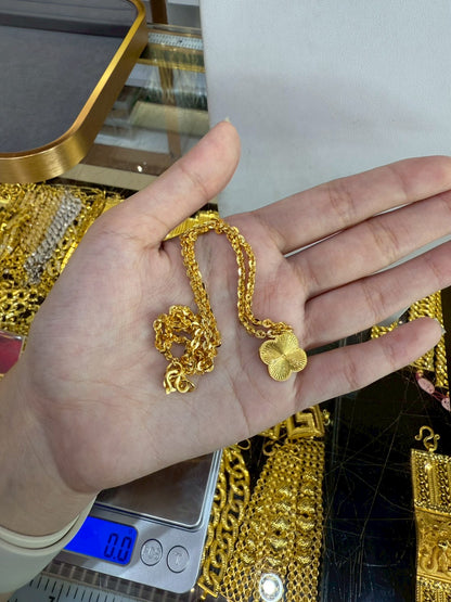 Designer Clover Necklace, Cable Link, 23K Gold