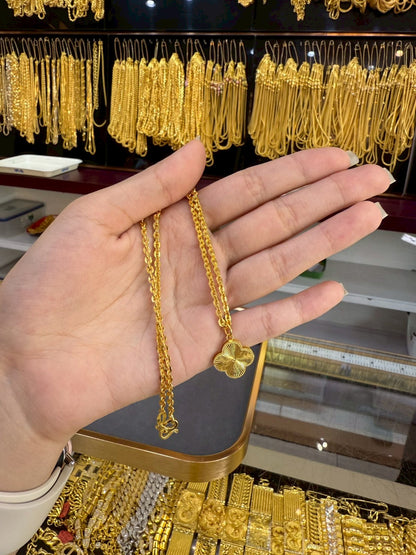 Designer Clover Necklace, Cable Link, 23K Gold