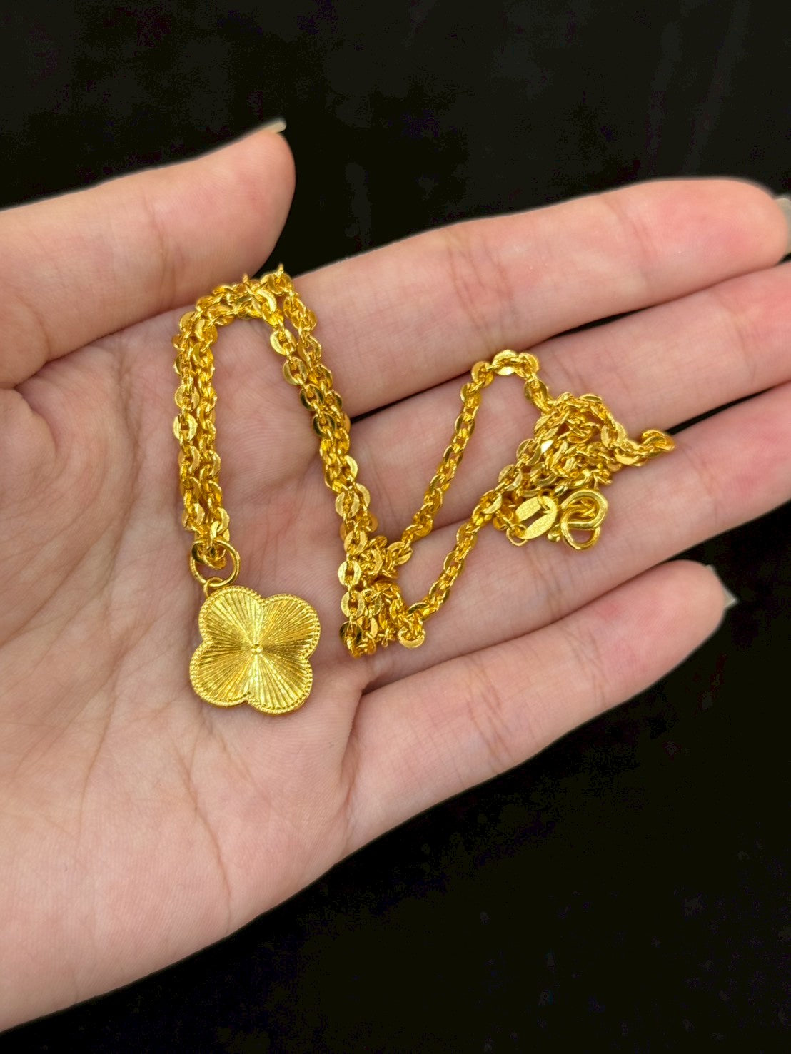 Designer Clover Necklace, Cable Link, 23K Gold