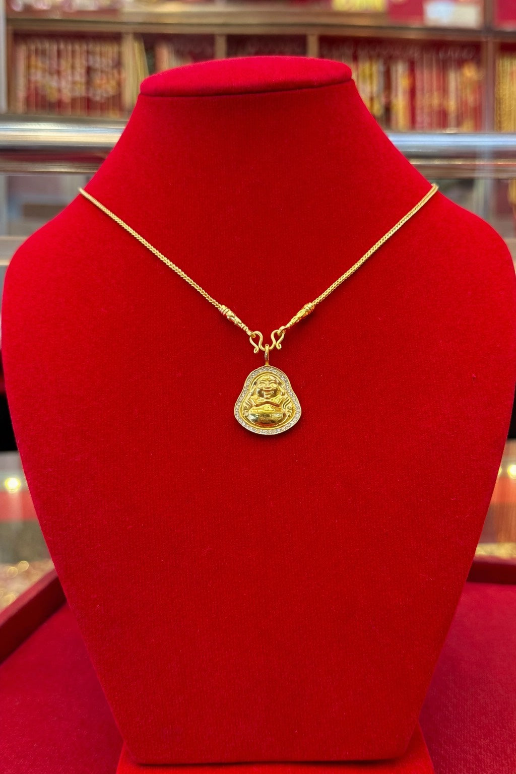 Laughing Buddha Pendant, Diamond Studded, 23K Gold